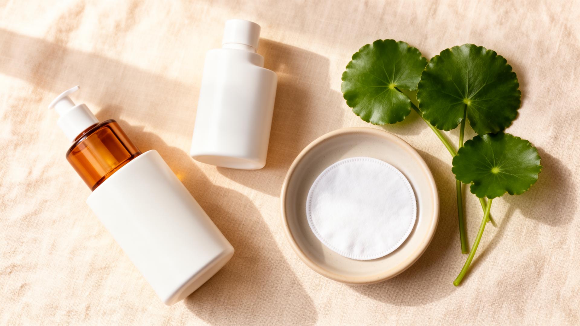 A minimalist Korean skincare routine laid out on linen with centella leaves and a ceramic dish